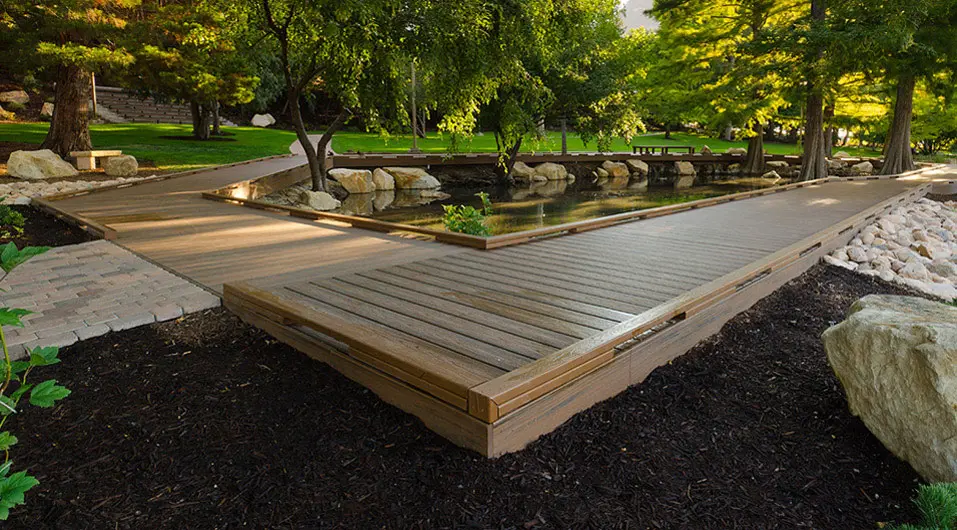 Commercial walkway beside water feature