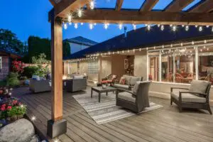 trex transcend, spiced rum, deck, ground level deck, patio deck, outdoor living space, deck lighting, fire table, covered BBQ area, deck cover