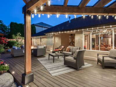 patio deck langley trex transcend, spiced rum, deck, ground level deck, patio deck, outdoor living space, deck lighting, fire table, covered BBQ area, deck cover