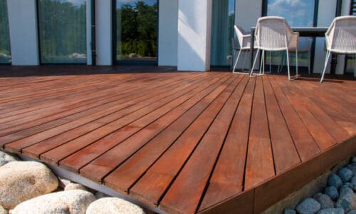 wooden-deck Wood deck, modern house design with wooden patio, low angle view of tropical hardwood decking