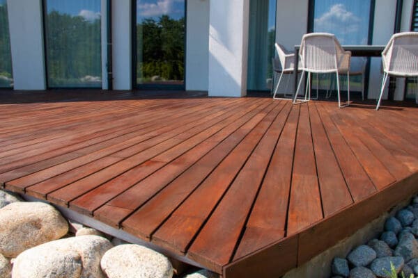wooden-deck Wood deck, modern house design with wooden patio, low angle view of tropical hardwood decking